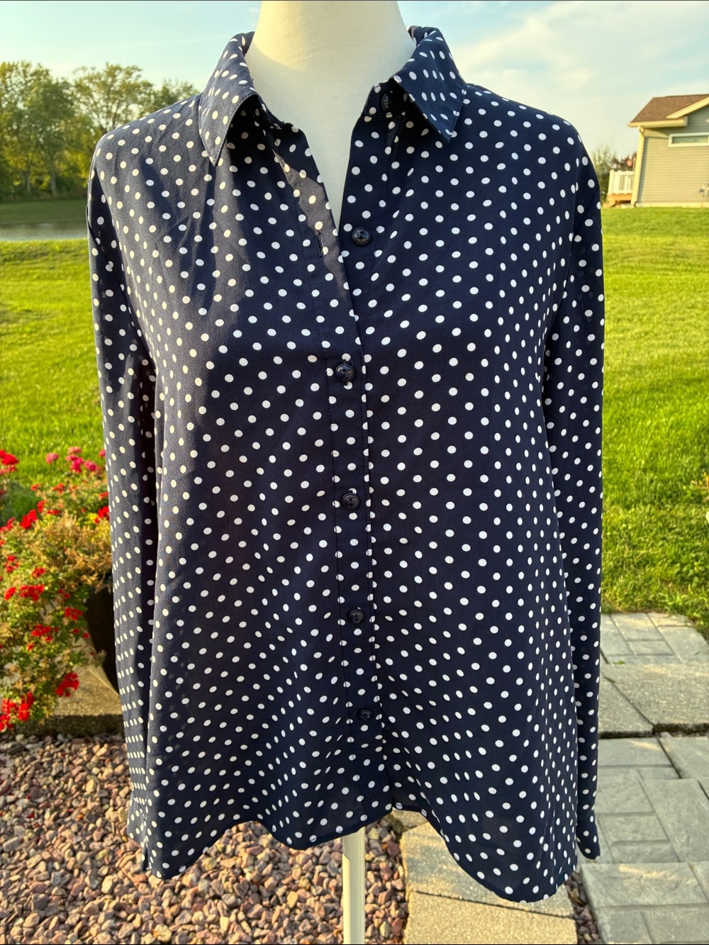 Susan Graver Navy Polka Dot Button-Up Shirt 8